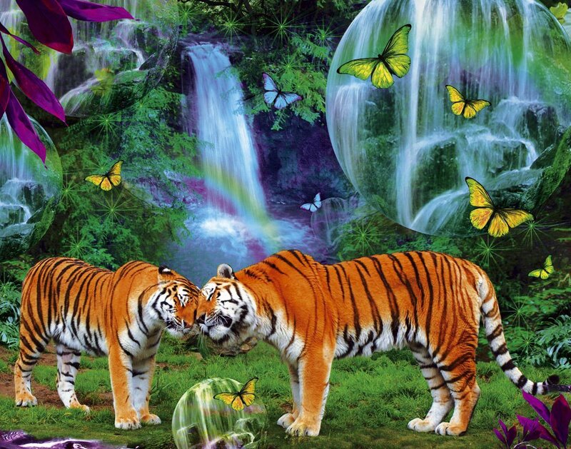 Two Tigers in Forest — Green, Fantastical