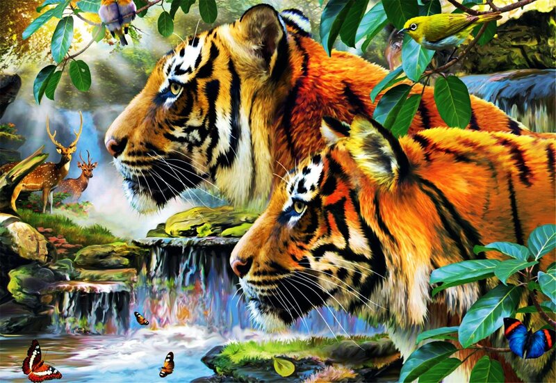 Two Tigers in Forest — Orange, Serene
