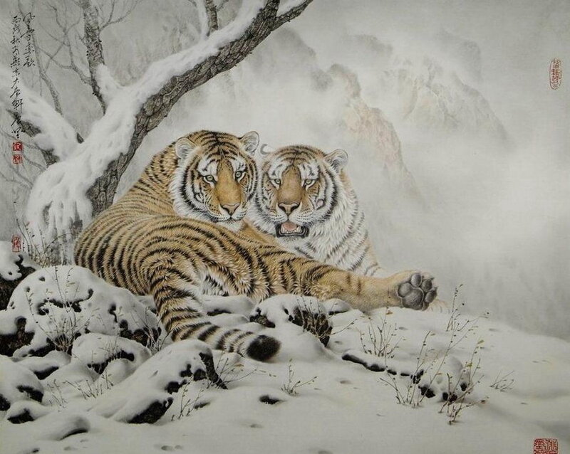 Two Tigers in Snow — White