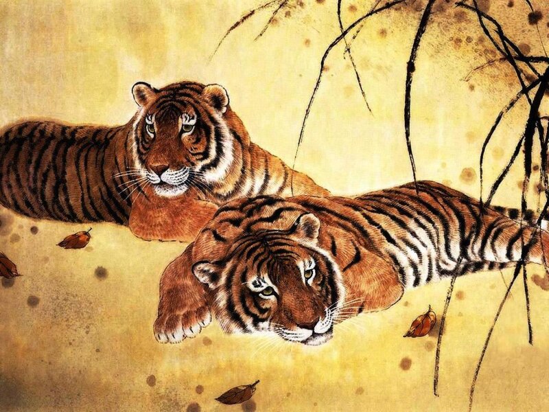 Two Tigers Lying Down — Brown