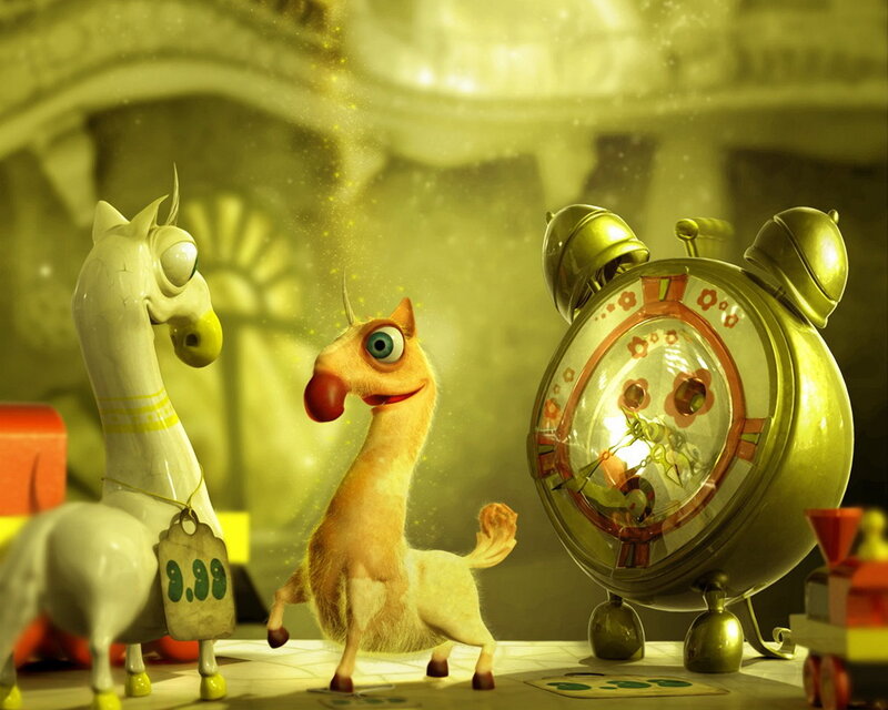 Two Toy Animals and a Clock — Yellow
