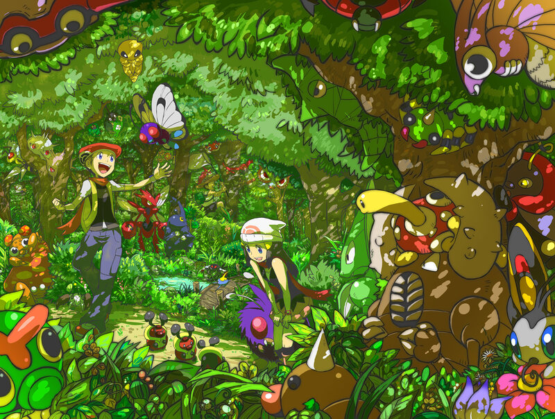Two Trainers in Forest — Green, Playful
