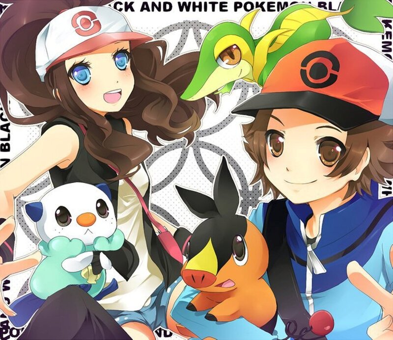 Two Trainers with Pokémon — Blue, Cheerful