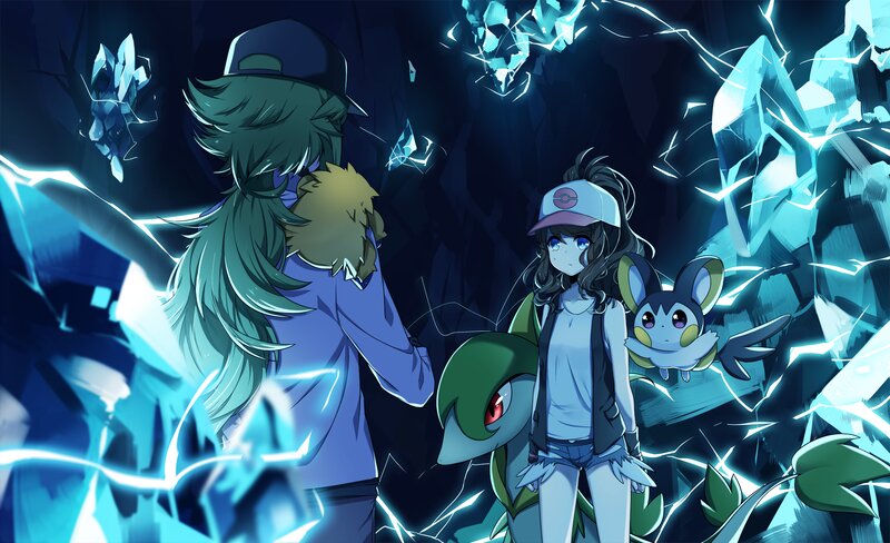 Two Trainers with Pokémon — Blue, Dramatic, Night