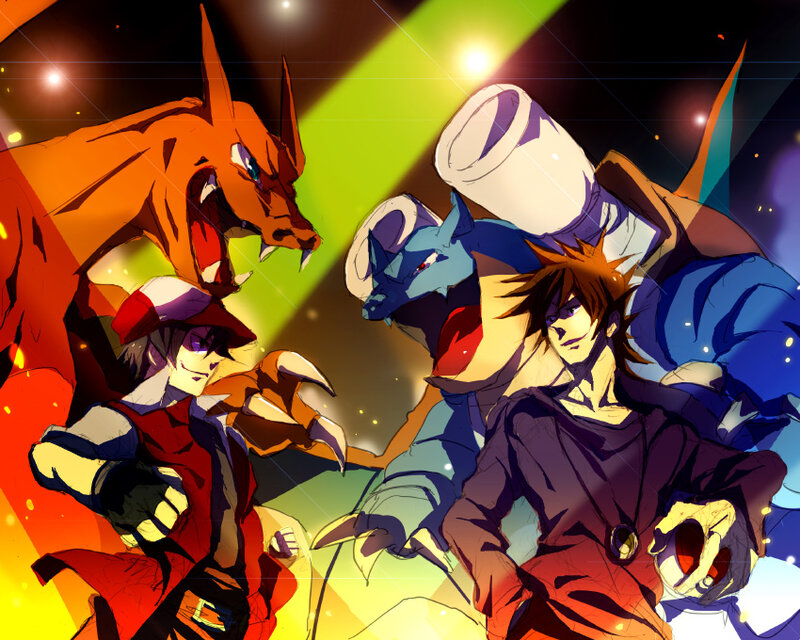 Two Trainers with Pokémon — Orange, Dramatic