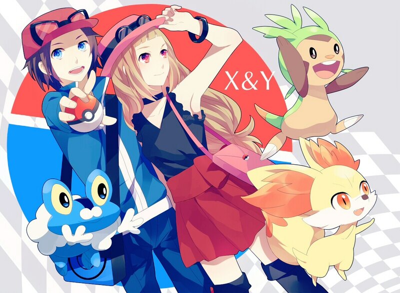 Two Trainers with Pokémon — Red, Cheerful