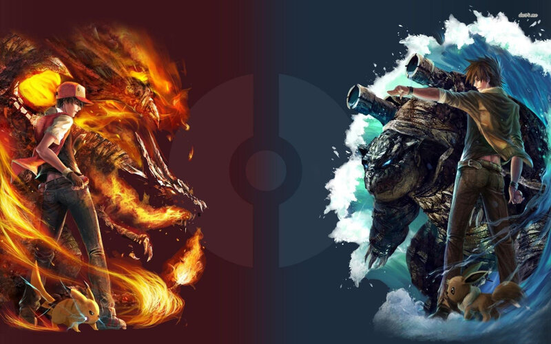 Two Trainers with Pokémon — Red, Dramatic