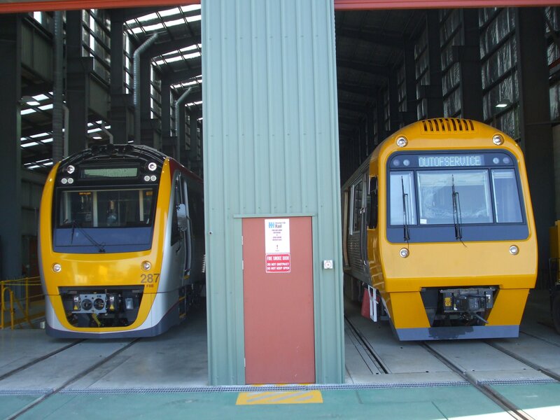 Two trains in a depot
