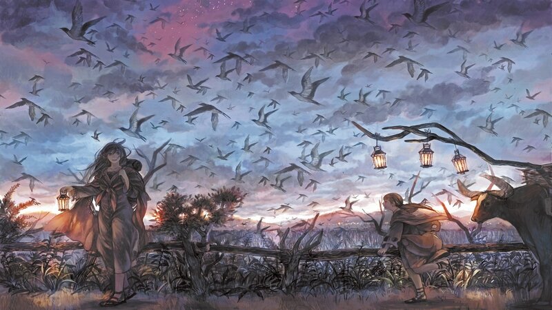Two travelers at dusk with birds
