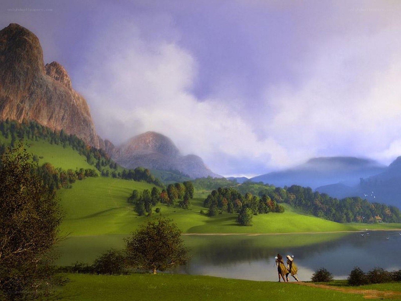 Two travelers by a mountain lake