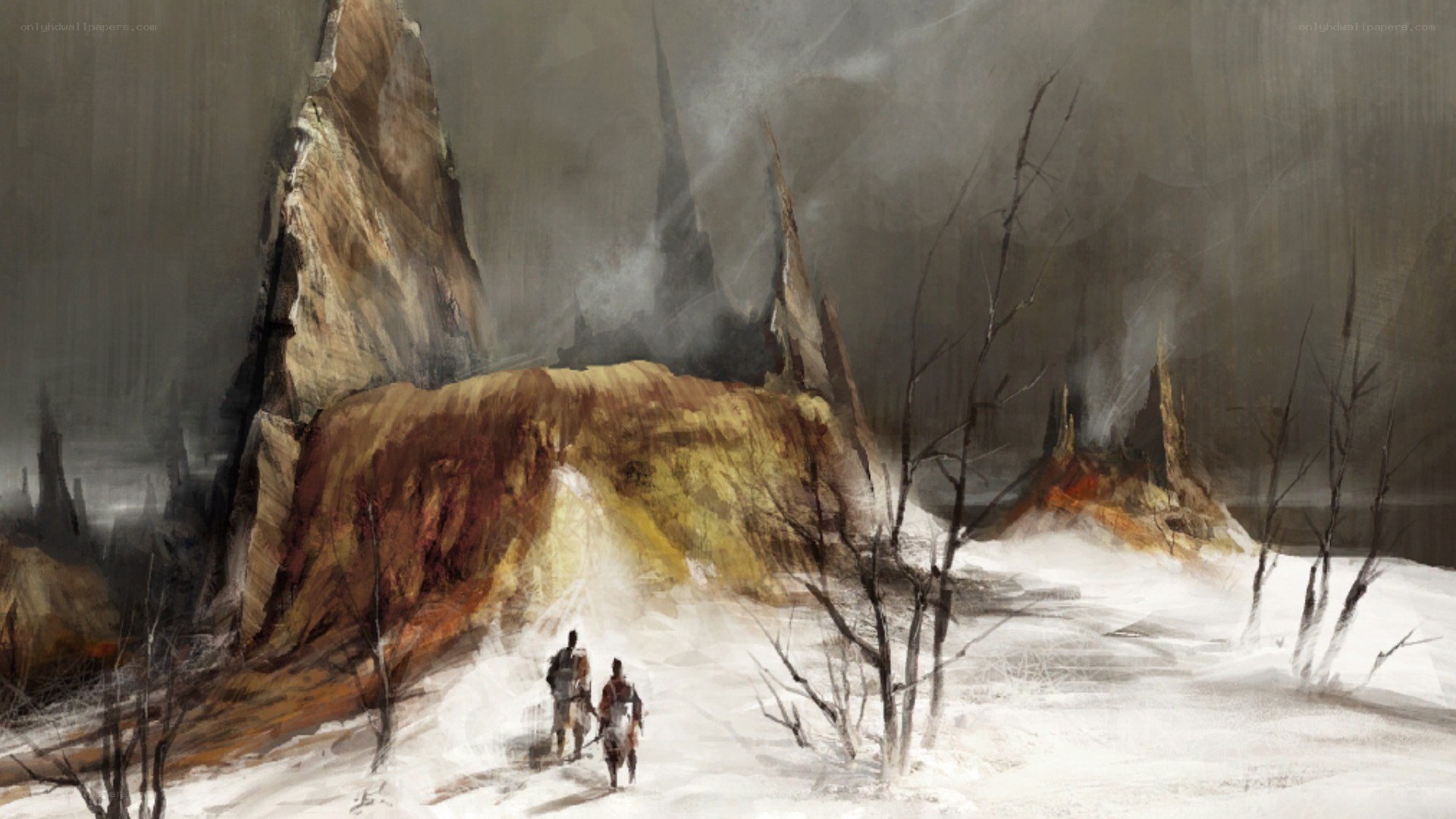 Two travelers in a desolate landscape