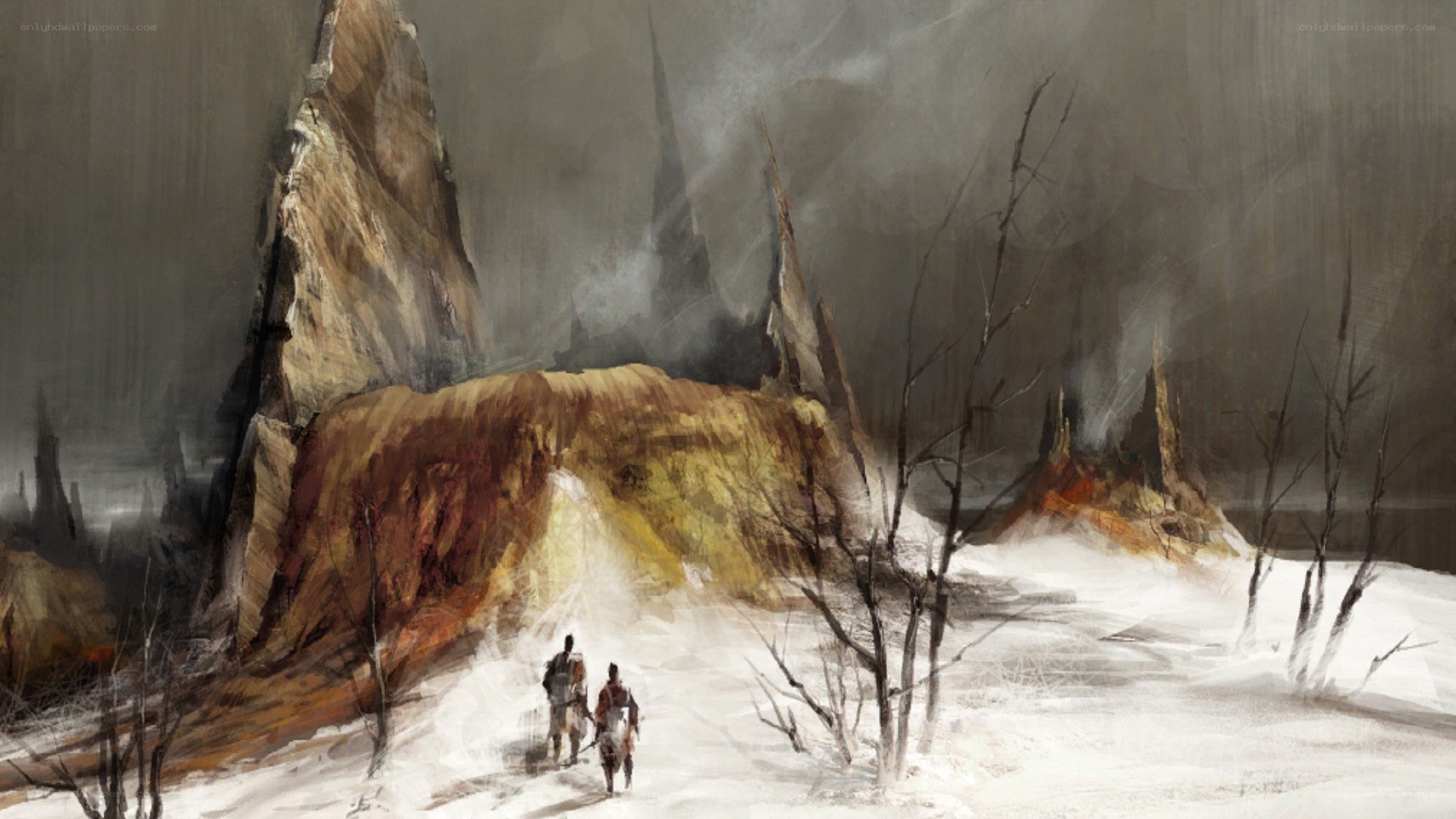 two travelers in a desolate landscape