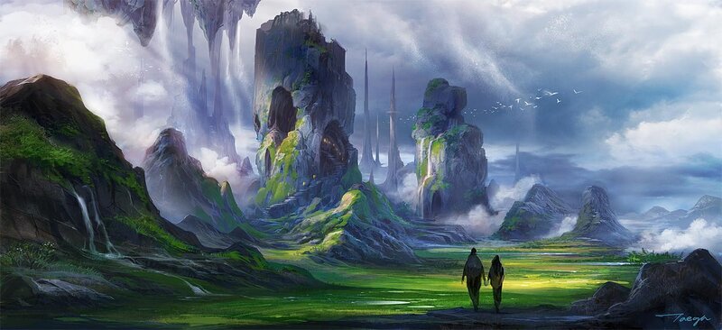 Two travelers in a fantasy landscape