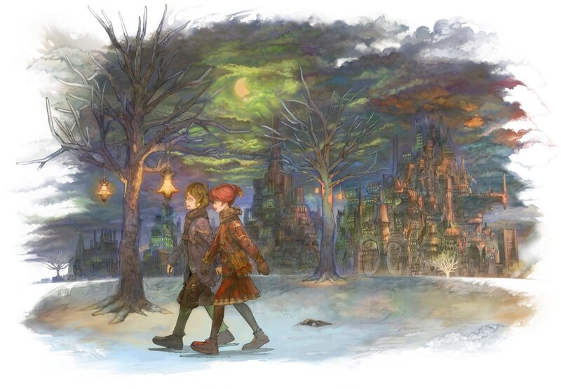 Two travelers in a snowy landscape
