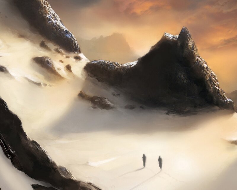 Two travelers in a snowy mountain pass