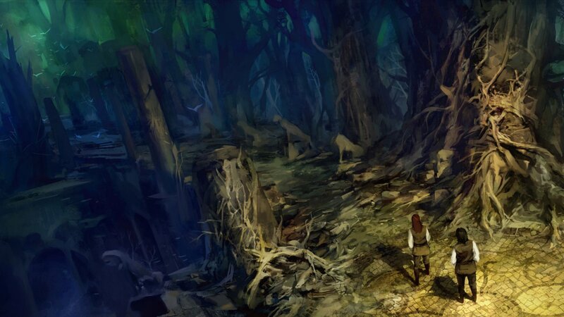 Two Travelers in Forest — Green