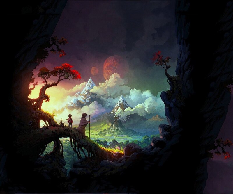 Two travelers view a fantastical landscape