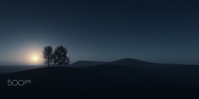 Two Trees on a Hill — Blue, Serene, Sunset