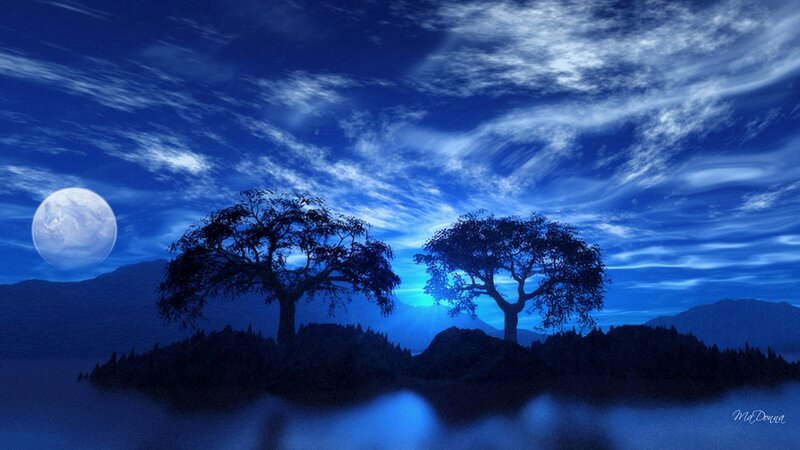 Two Trees on Island — Blue, Serene