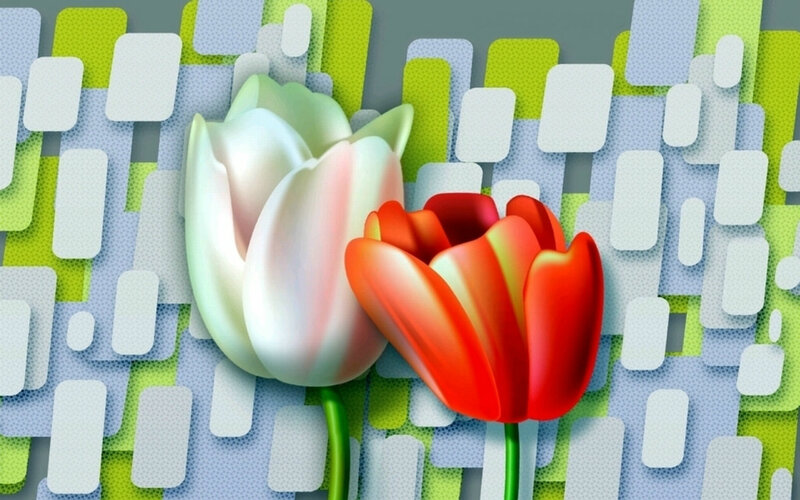 Two Tulips on Patterned Background — Red, Calm