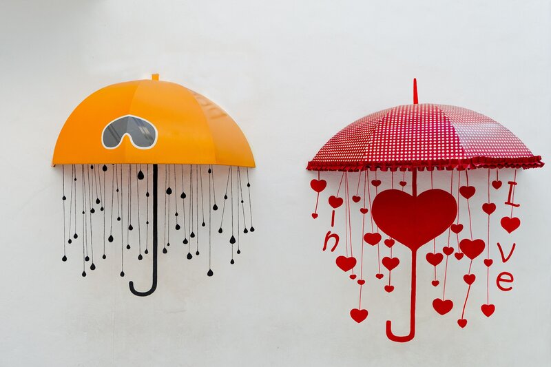 Two Umbrellas on Wall — Red, Playful, Illustration