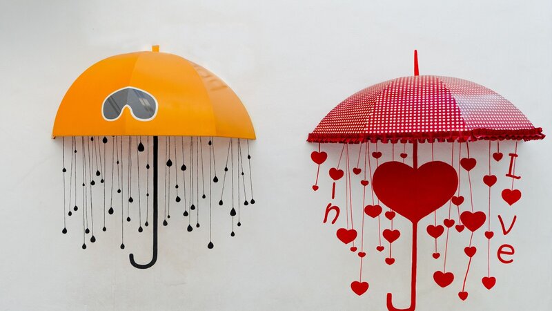 Two Umbrellas on Wall — Red, Playful