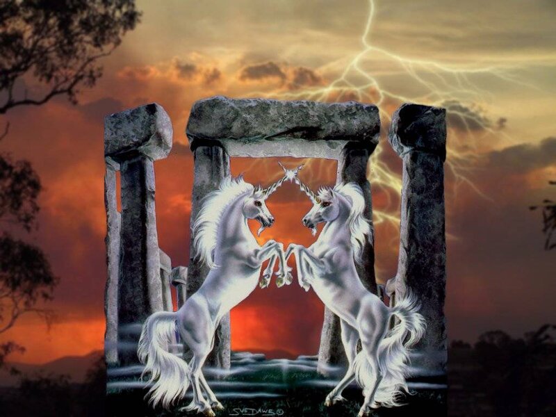 Two unicorns at a stone arch