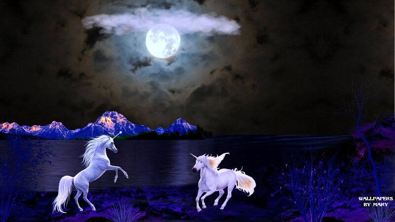 Two Unicorns at Night — Purple