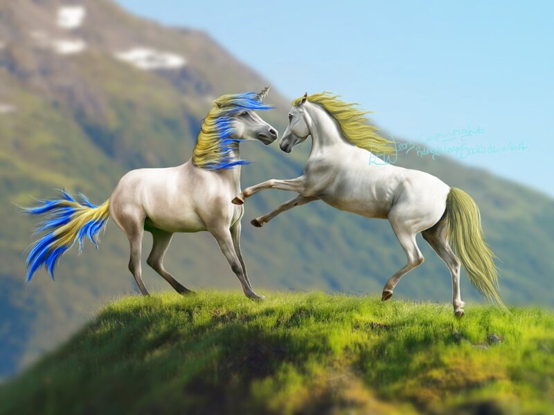Two Unicorns Fighting — Green