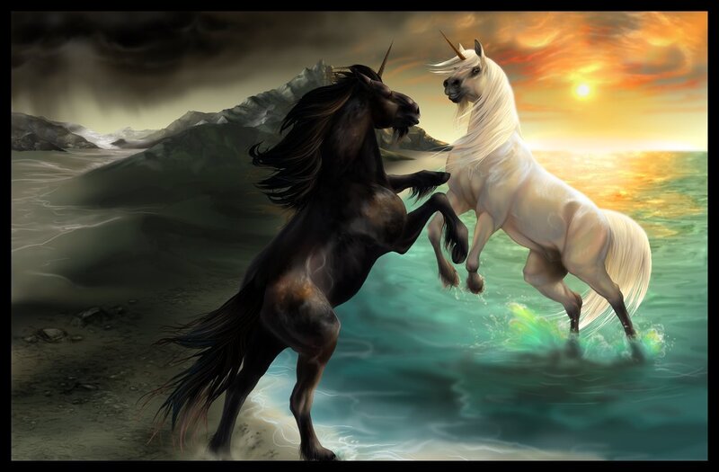 Two Unicorns Fighting — White