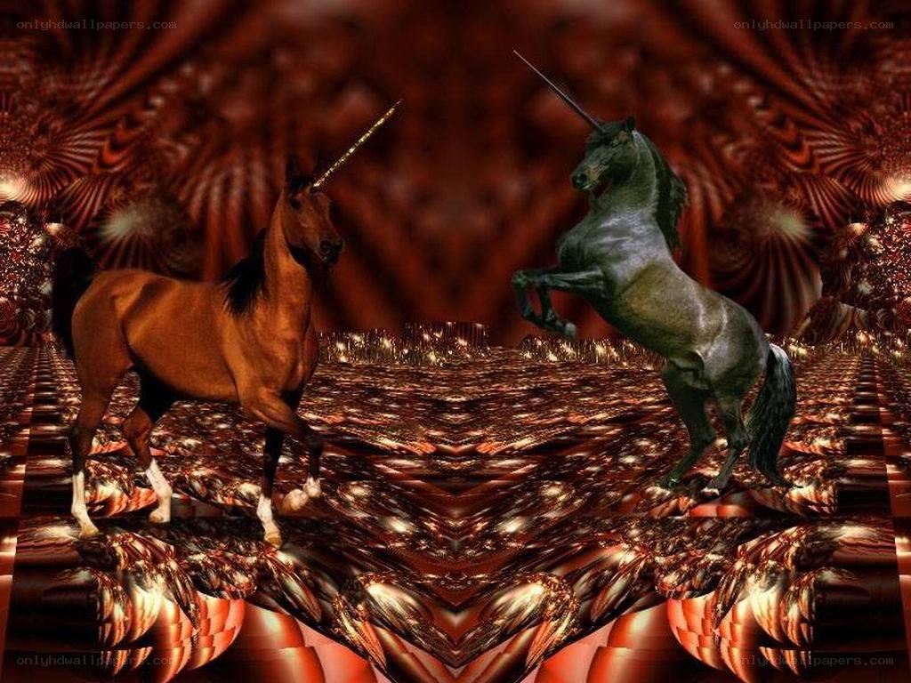 Two unicorns in a fantasy scene