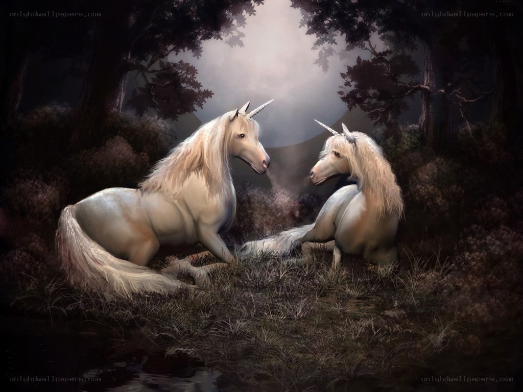 Two unicorns in a forest