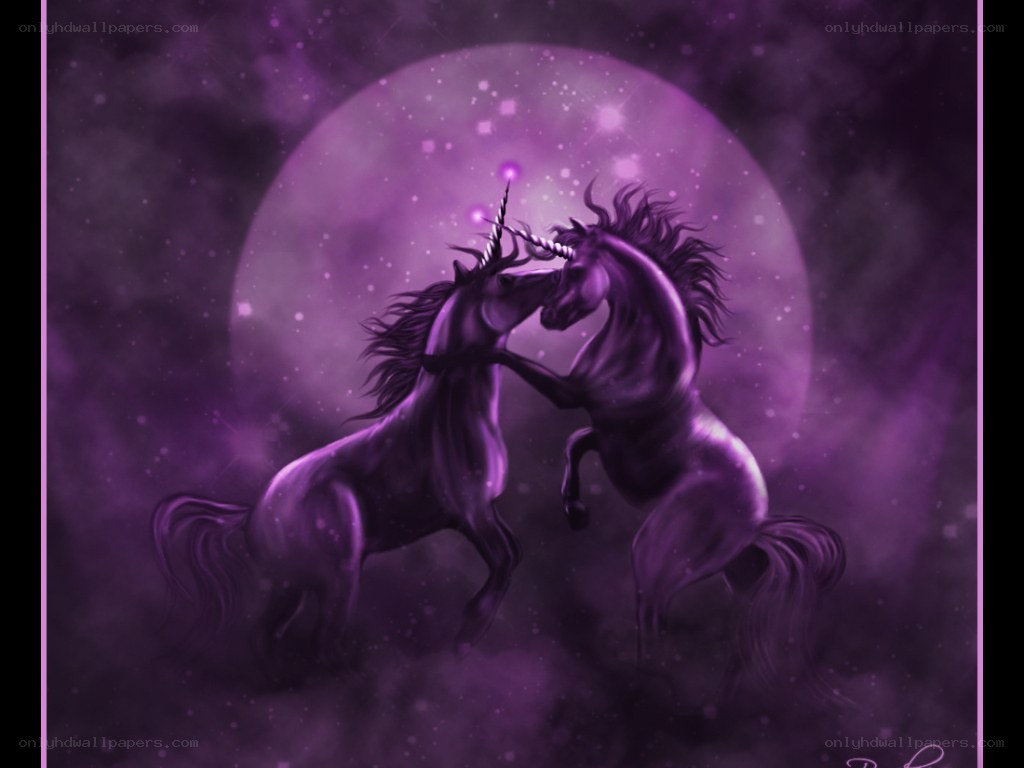 Two unicorns in a purple sky