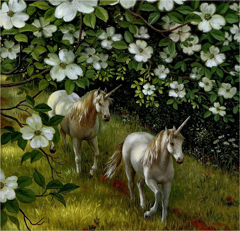 Two Unicorns in Field — White, Serene