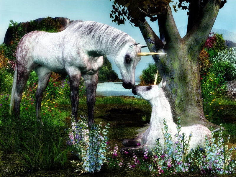 Two Unicorns in Field — White