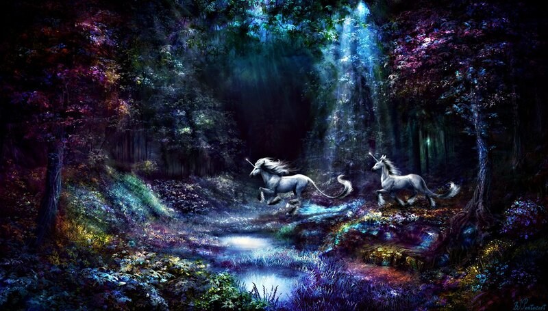 Two Unicorns in Forest — Blue, Magical