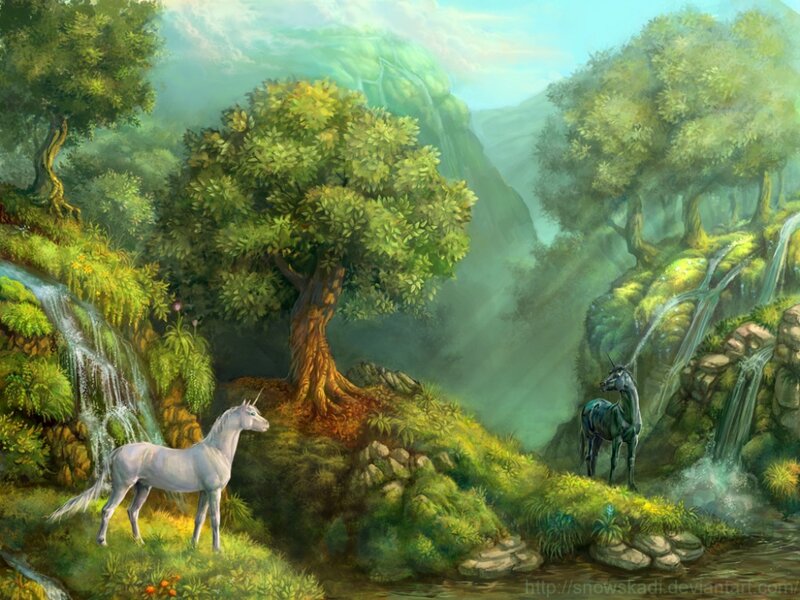 Two Unicorns in Forest — Green, Serene, Morning