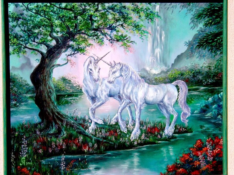 Two Unicorns in Forest — Green, Serene
