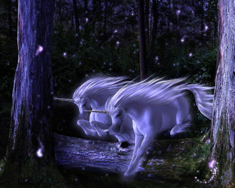 Two Unicorns in Forest — Purple, Magical, Night