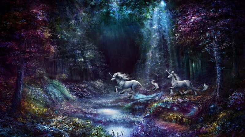 Two Unicorns in Forest — Purple