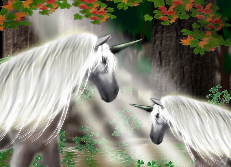 Two Unicorns in Forest — White, Serene, Autumn