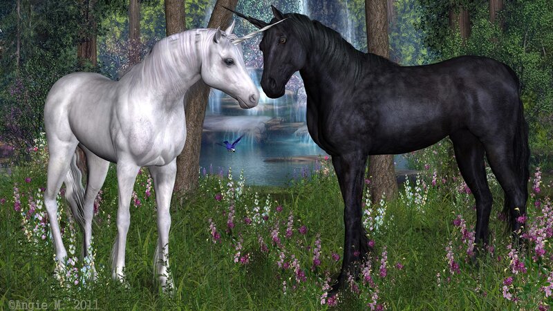 Two Unicorns in Forest — White, Serene