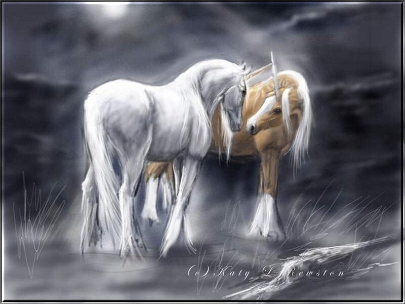 Two unicorns in moonlight