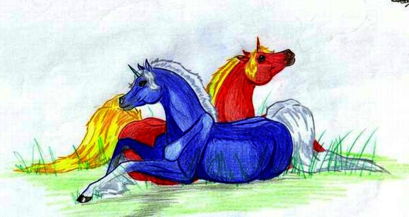 Two Unicorns Lying Down