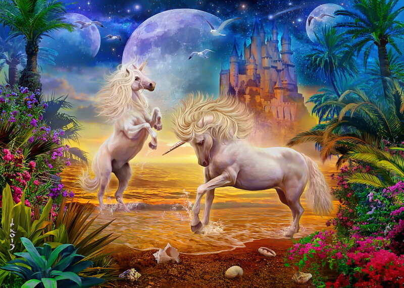 Two Unicorns on Beach — Blue