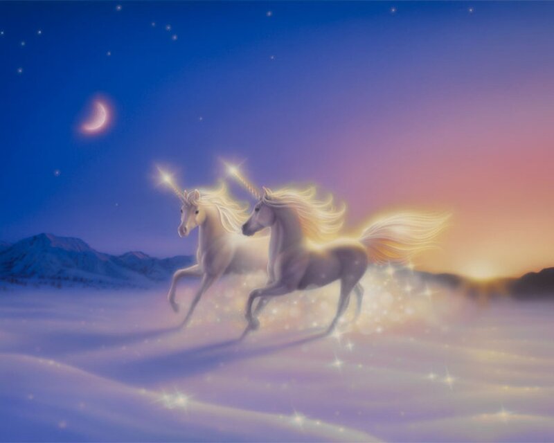 Two Unicorns Running — Blue, Serene, Night