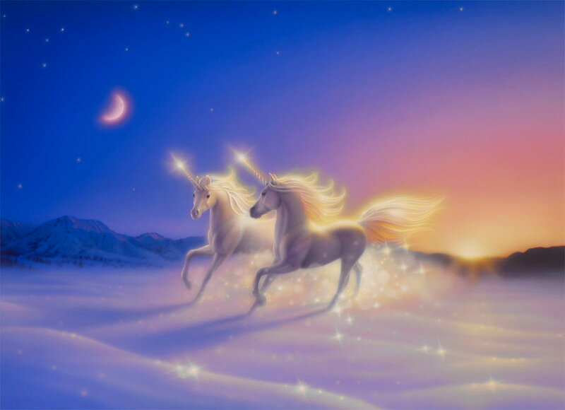Two Unicorns Running — Blue, Serene