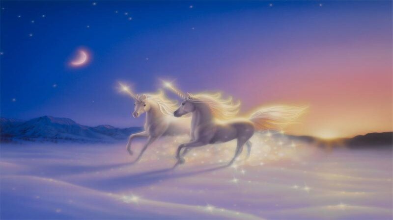 Two Unicorns Running — Blue