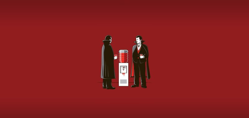 Two Vampires at Water Cooler — Red, Humorous, Illustration, Water Cooler, Red Liquid, Black, White