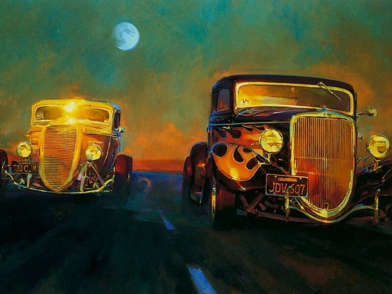 Two Vintage Cars at Night